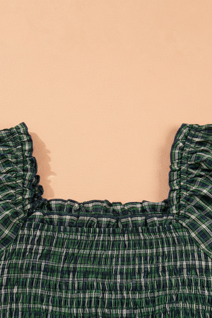 Plaid Shirred High Waist Square Neck Ruffle Hem Dress