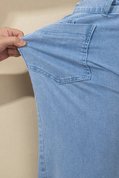 Solid Denim Square Patch Pocket Ankle Length Barrel Jeans