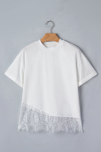 Solid Asymmetric Lace Hem Patchwork T-Shirt