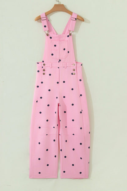 Polka Dot Denim Barrel Leg Overalls Jumpsuit