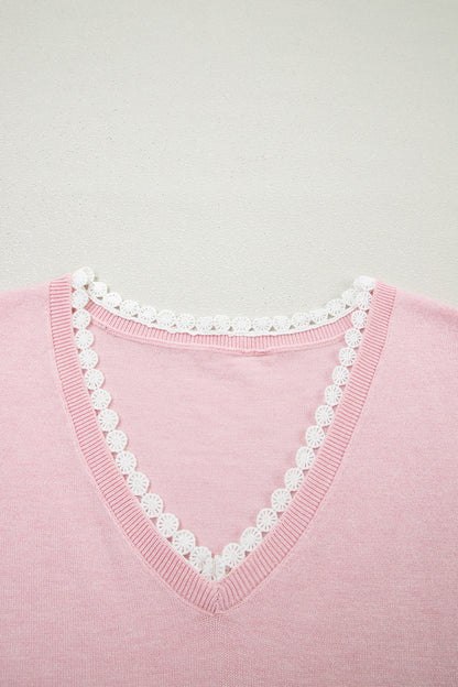 Lacy V-Neckline Short Sleeve Sweater