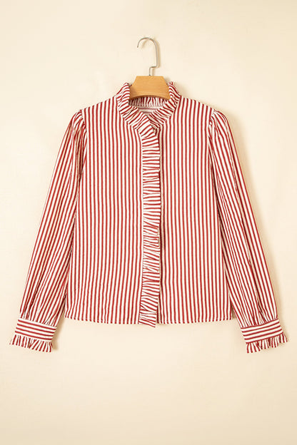 Stripe Textured Ruffle Trim Button-Up Long Sleeve Shirt