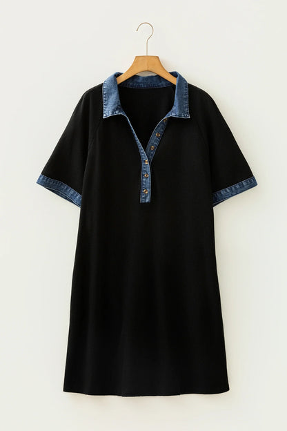 Plus Size Denim Colorblock Polo Collar Mini Dress