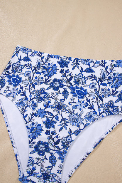 Floral Notched Neck Top & High Waist Bikini Set