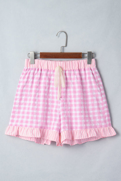 Gingham Ruffle Stripe Patchwork Lace Tie Shorts