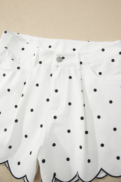 Polka Dot Denim Embroidered Scallop Hem Shorts