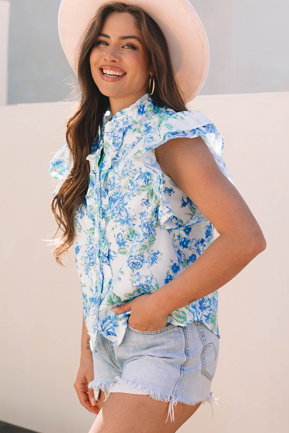 Floral Ruffle Sleeve Frilled Button-Up Shirt
