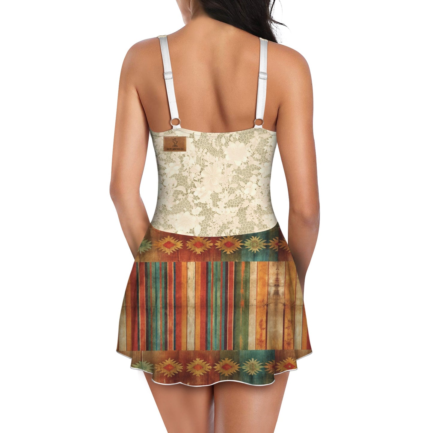 Rustic Serape & Lace Squash Blossom Necklace One Piece Skirted Swimsuit