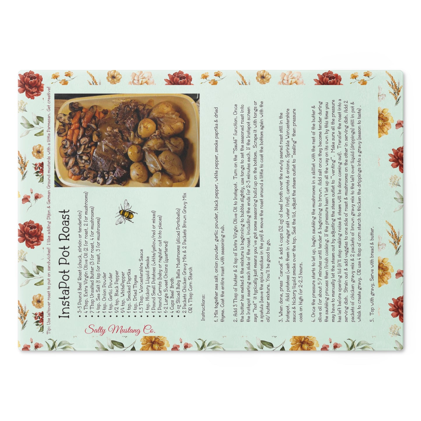 Highland Queen Ranch InstaPot Pot Roast Recipe Rustic Floral Honey Bee Glass Cutting Board