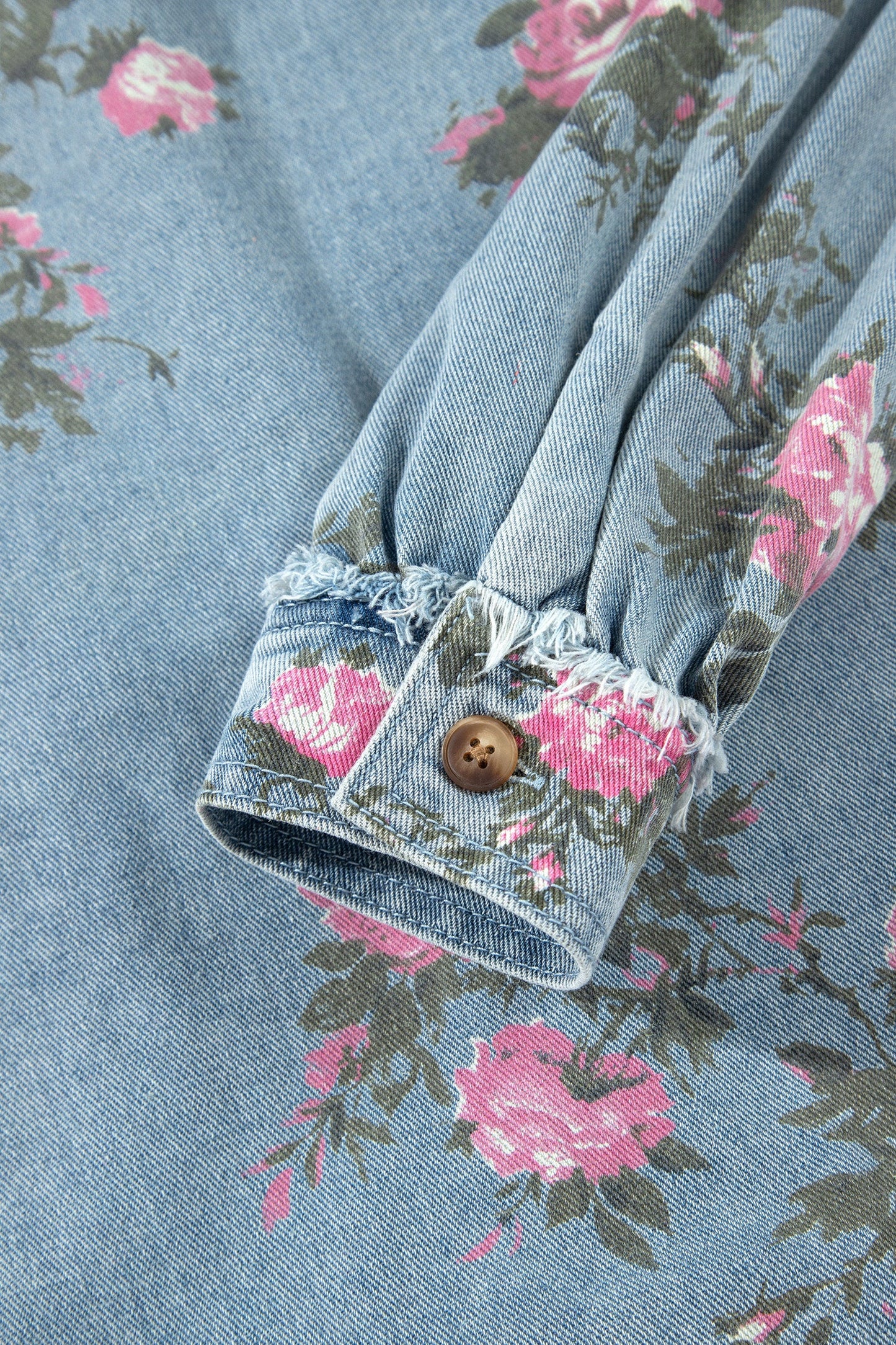 Floral Denim Raw Seam Ruffle Hem Jacket
