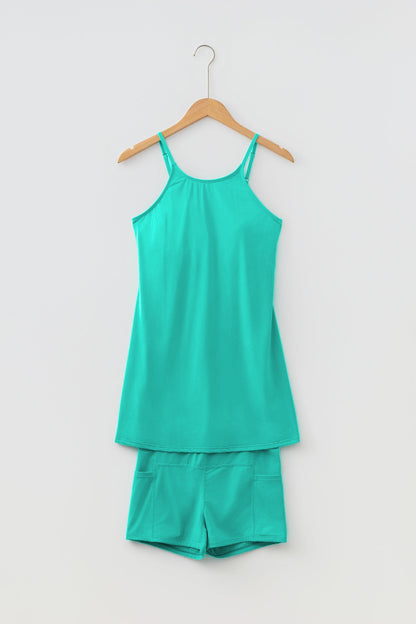 Solid Tunic Tank Dress & Shorts Athletic Set