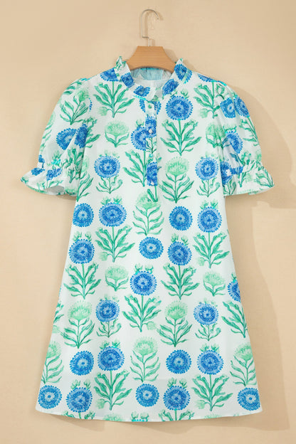 Floral Half Button Frilly Short Sleeve Dress