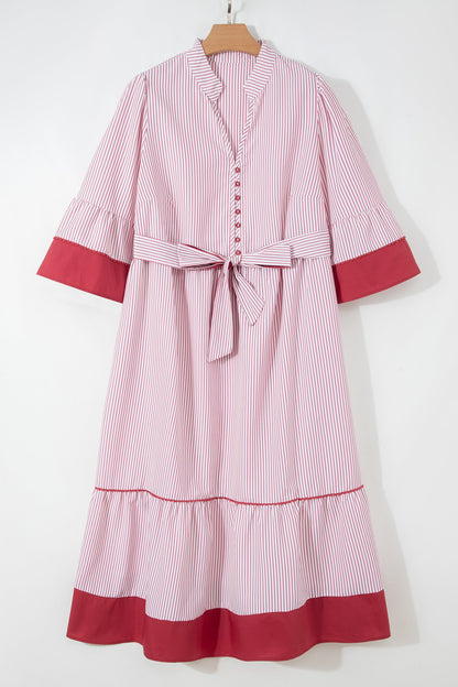 Plus Size Pinstripe Ruffle Hem Midi Dress