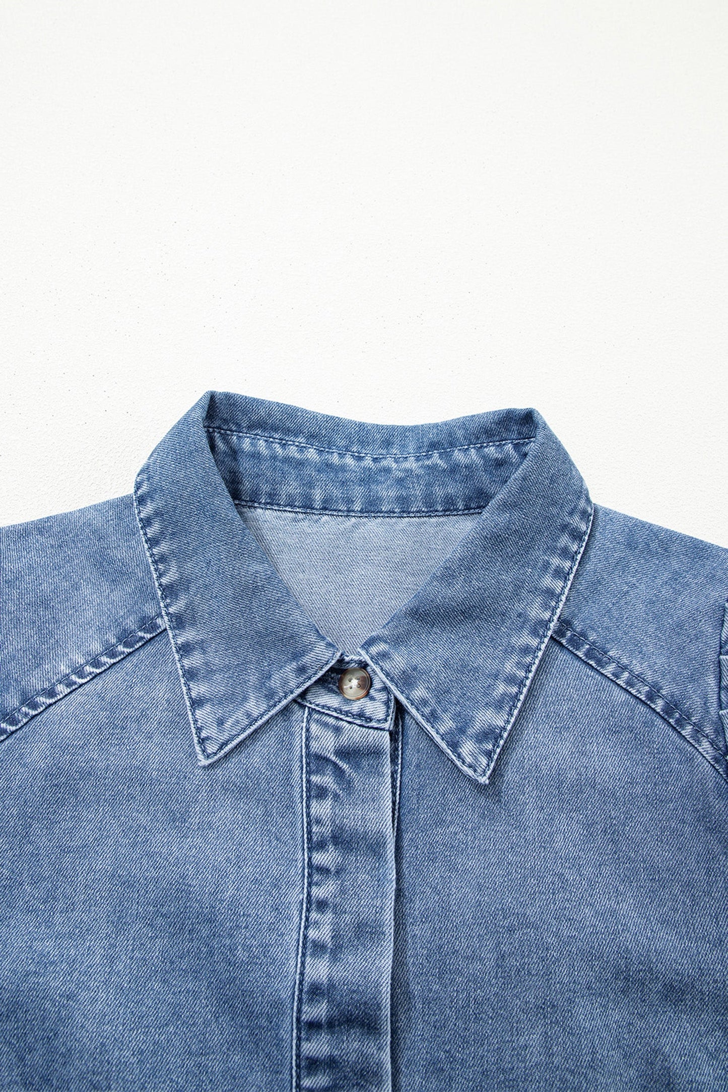 Solid Denim 3/4 Puff Sleeve Collared Shirt
