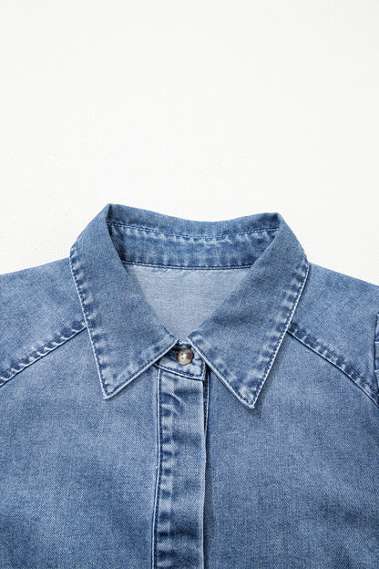 Solid Denim 3/4 Puff Sleeve Collared Shirt