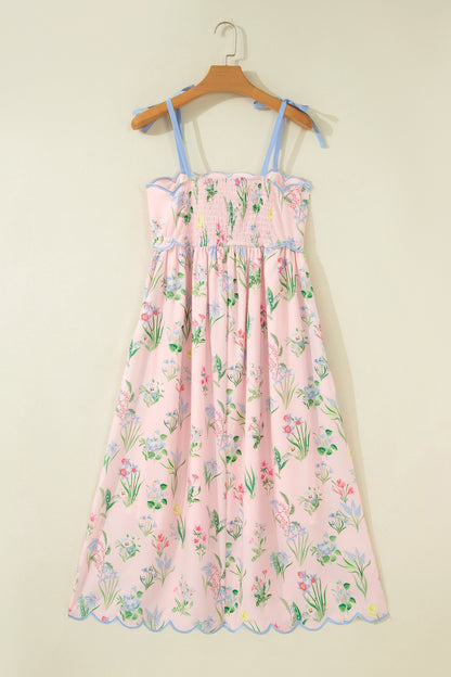 Floral Contrast Trim Tie Strap Midi Dress