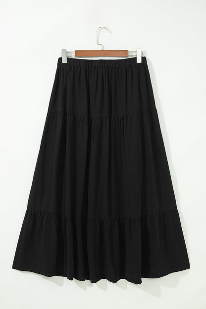 Denim Ruffle Tiered Flared Maxi Skirt