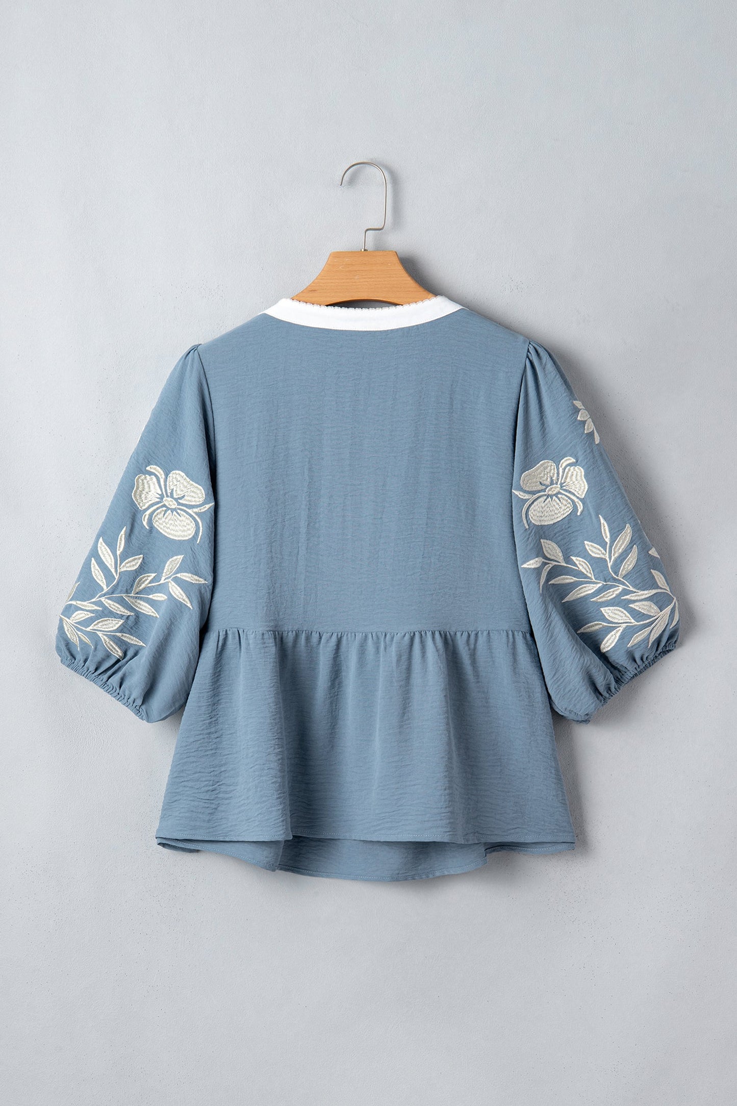 Floral Embroidered Colorblock Puff Sleeve Babydoll Blouse