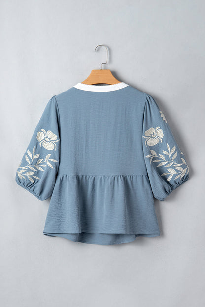 Floral Embroidered Colorblock Puff Sleeve Babydoll Blouse