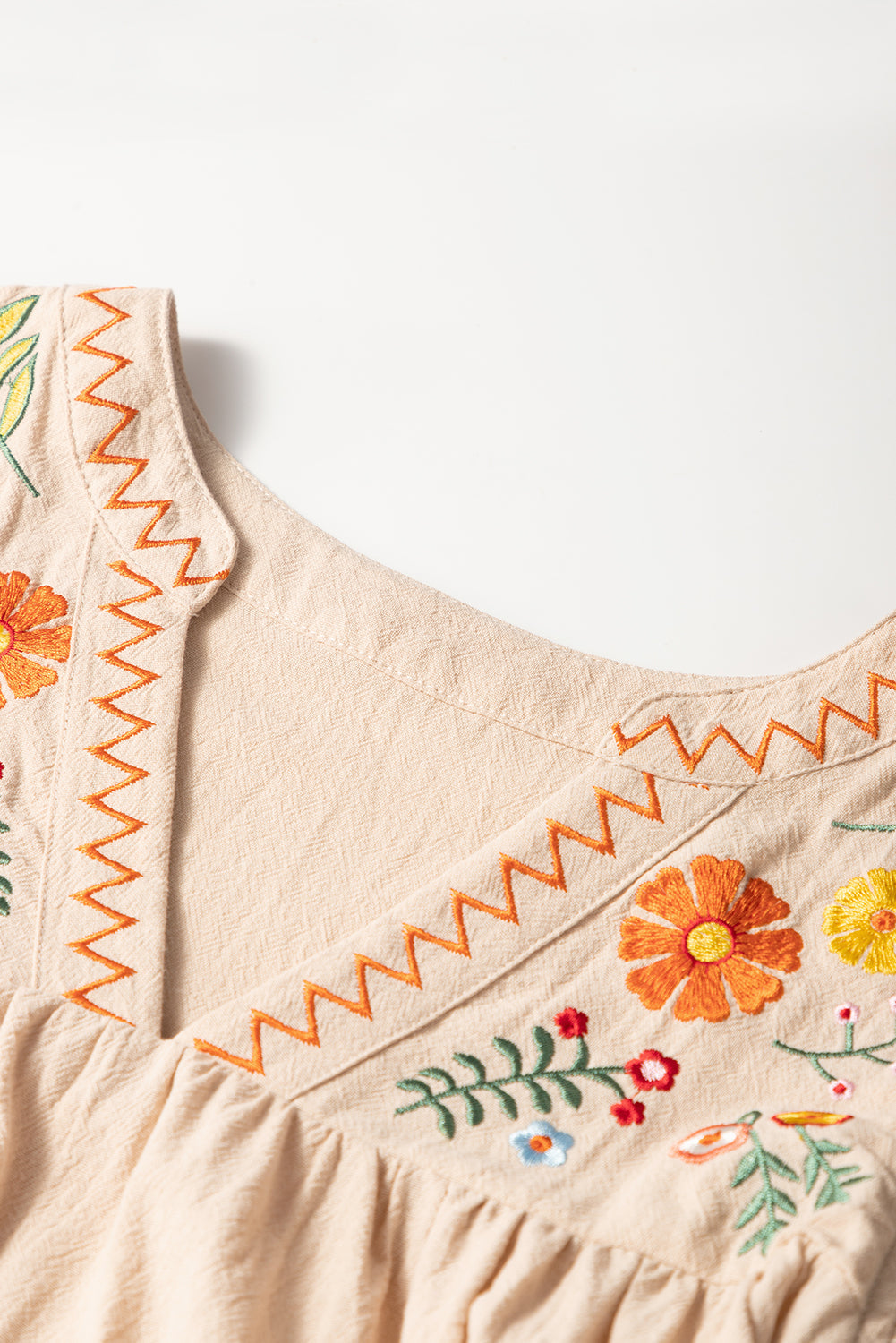 Floral Embroidered Pom Pom Ruffle Sleeve Dress