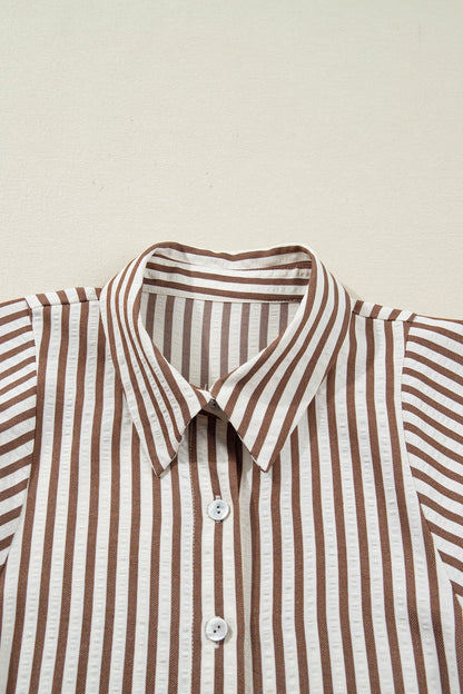 Stripe Tie Waist Puff Sleeve Mini Shirt Dress