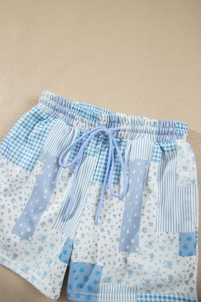 Floral Patchwork Sweatshirt & Drawstring Shorts Set