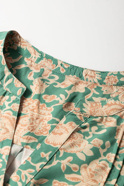 Floral Pleated Buttoned V-Neck Short Sleeve Blouse