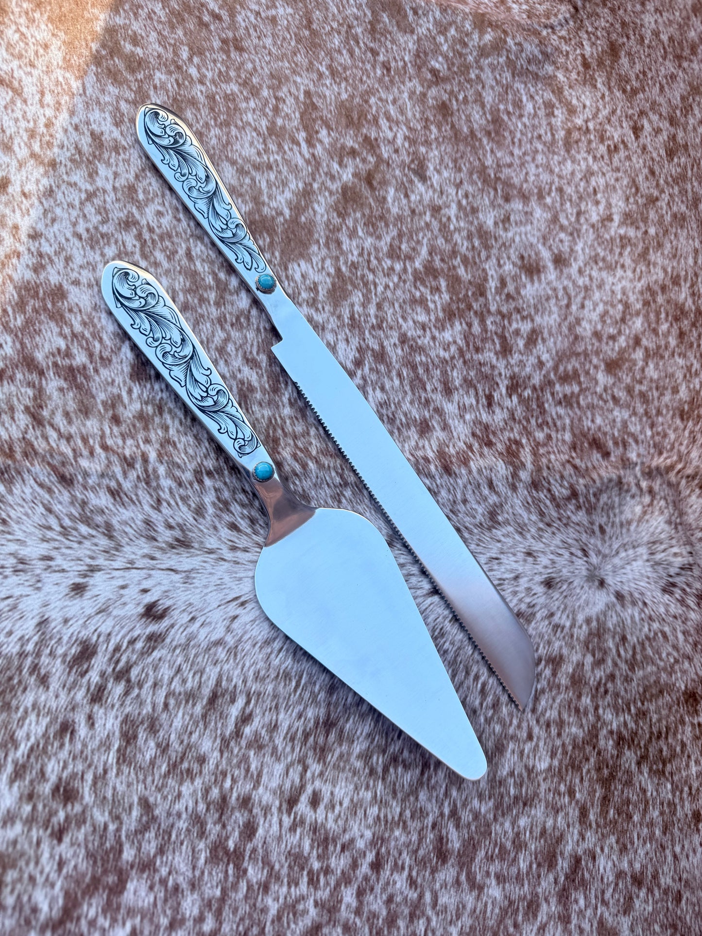 Wedding Cake Serving Set | Genuine Turquoise Engraved Cake Knife and Server - Ready to Ship