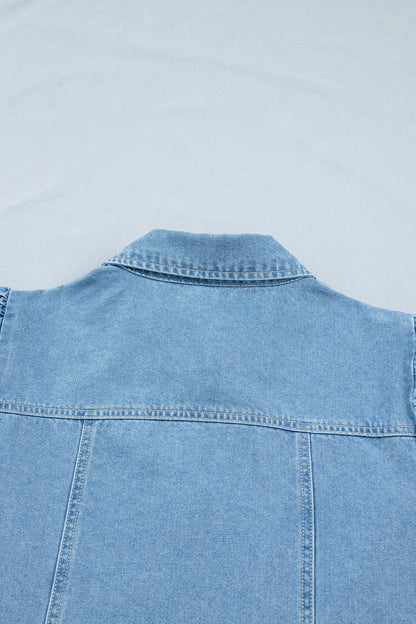 Denim Short Puff Sleeve Ruffle Hem Buttoned Dress