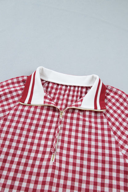 Gingham Stripe Patchwork Half Zip Collared Blouse
