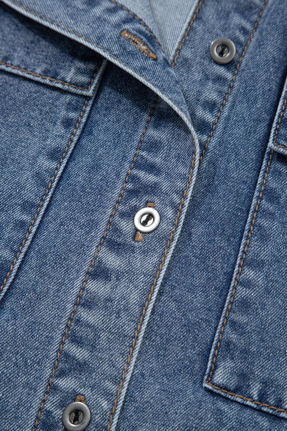 Denim Buttoned Flap Pocket Cuffed Short Sleeve Shirt
