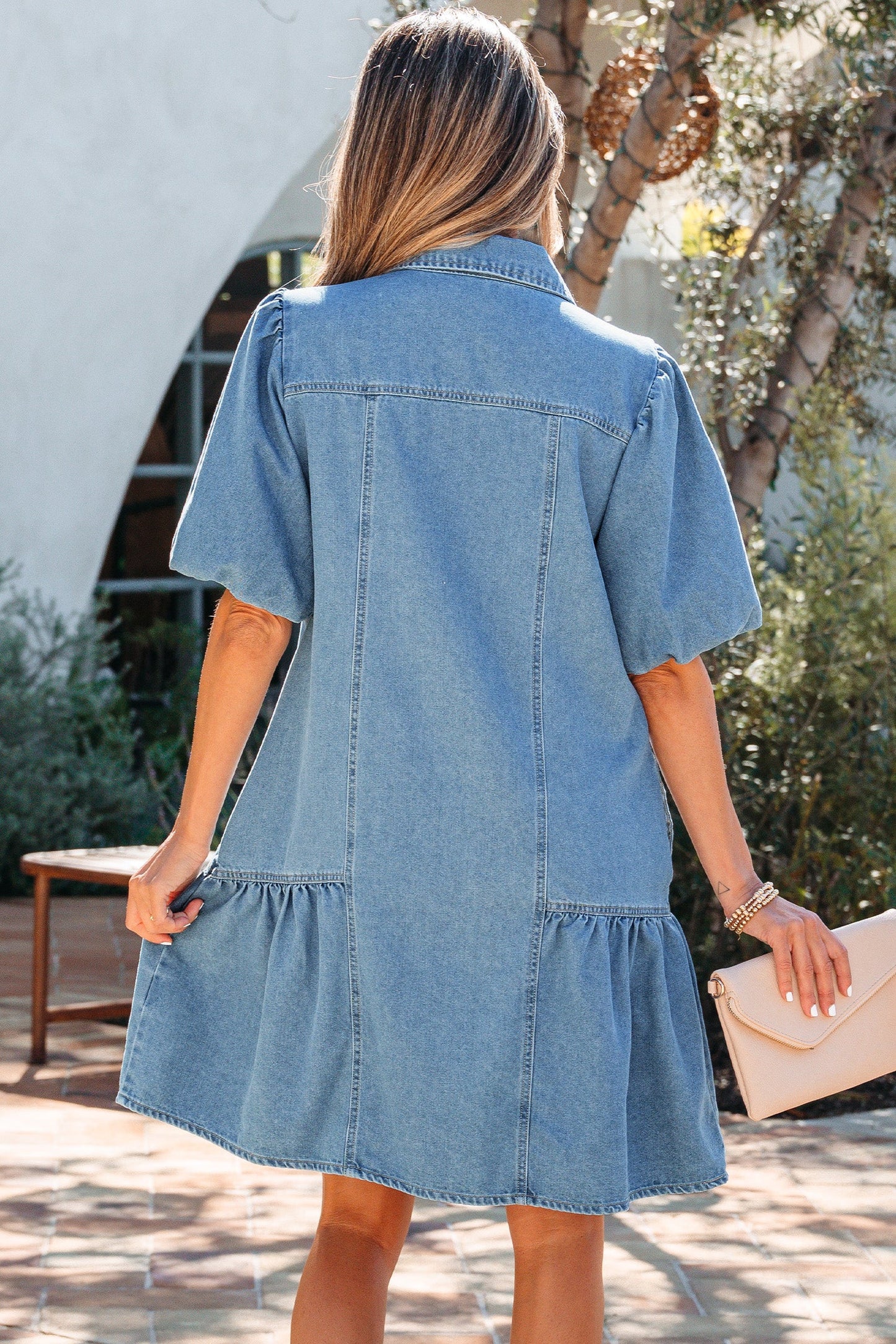 Denim Short Puff Sleeve Ruffle Hem Buttoned Dress