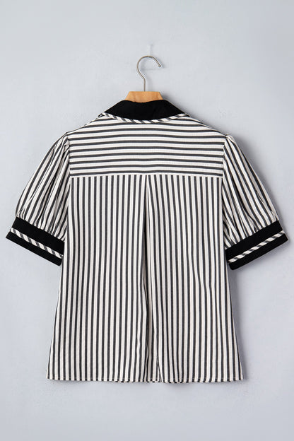 Stripe Collared V-Neck Bubble Sleeve Blouse