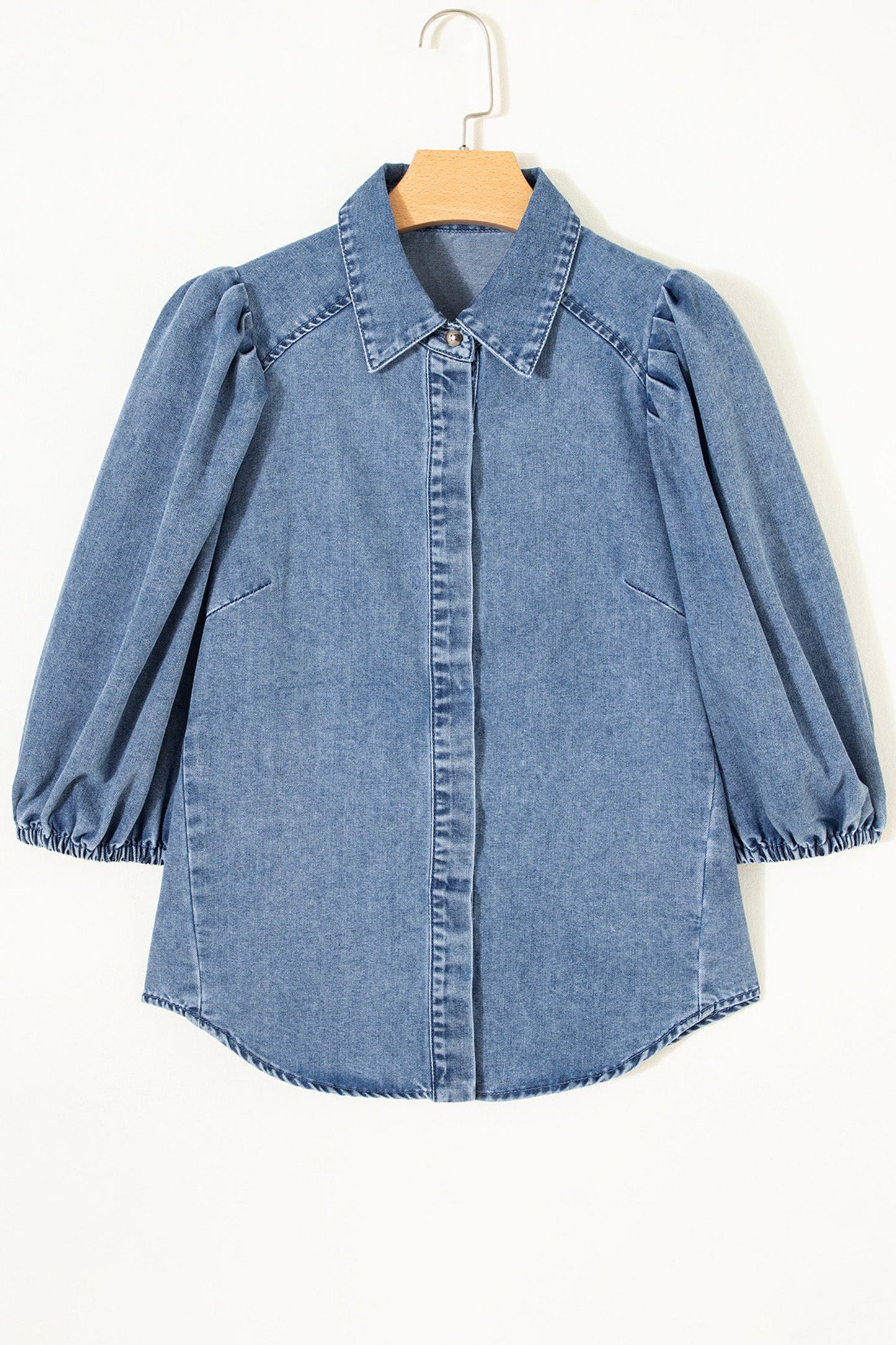 Solid Denim 3/4 Puff Sleeve Collared Shirt