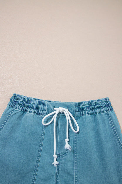 Denim Contrast Drawstring Elastic Waist Shorts