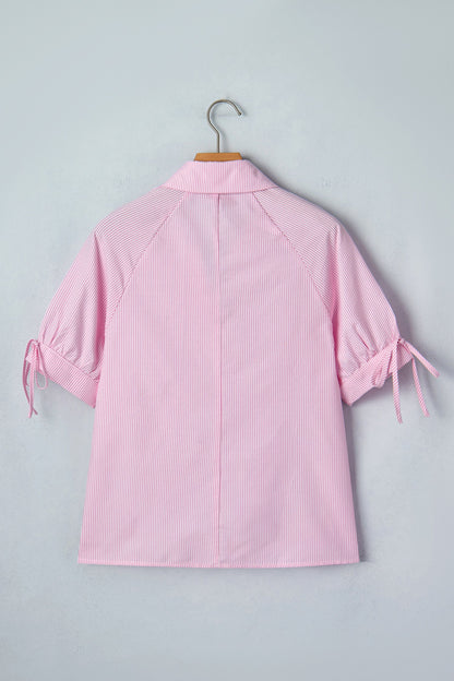 Stripe Tied Short Sleeve Collared Blouse