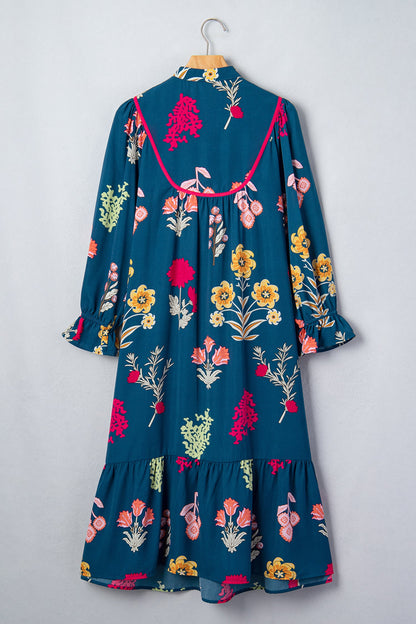 Floral Smocked 3/4 Puff Sleeve Midi Dress