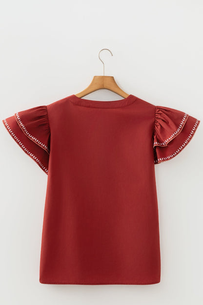 Contrast Trim Flutter Sleeve V-Neck Blouse
