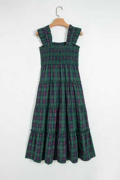 Plaid Ruffle Sleeveless Shirred Tiered Midi Dress