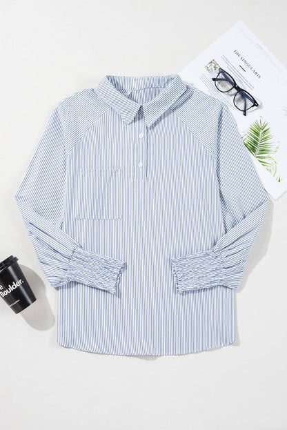 Stripe Buttoned Collar Smocked Long Sleeve Blouse