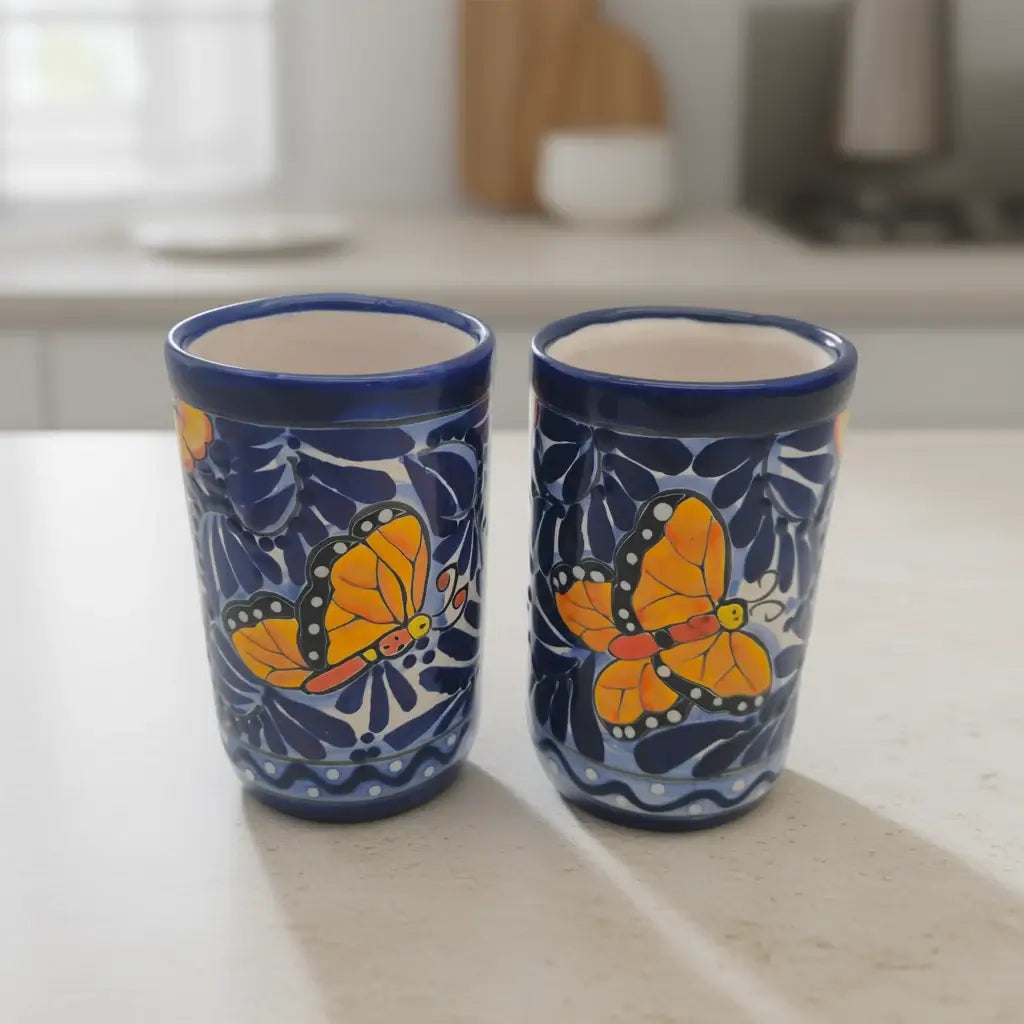 Blue Monarch Talavera Pitcher Set | Mexican Ceramic Drinkware