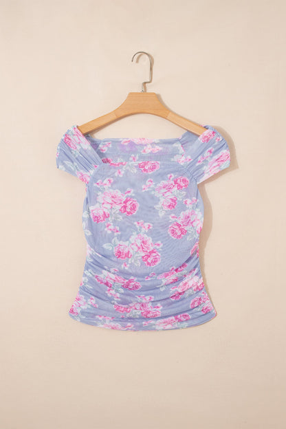 Floral Mesh Square Neck Cap Sleeve Ruched Top