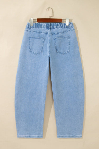 Solid Denim Square Patch Pocket Ankle Length Barrel Jeans