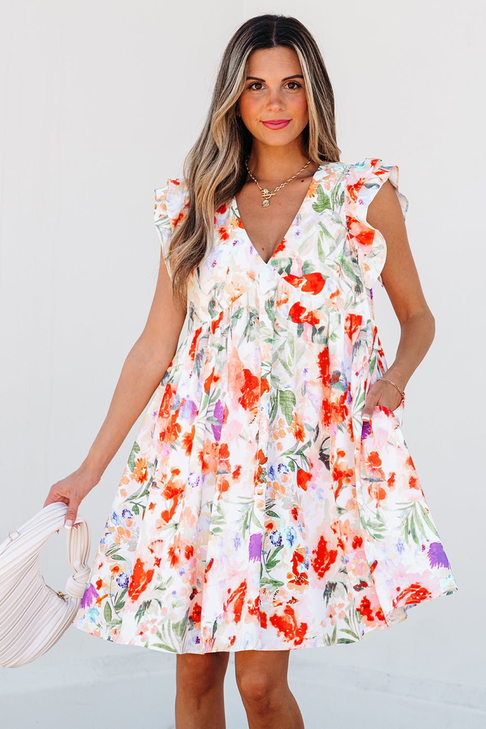 Floral Double Ruffle Sleeve V-Neck Mini Dress