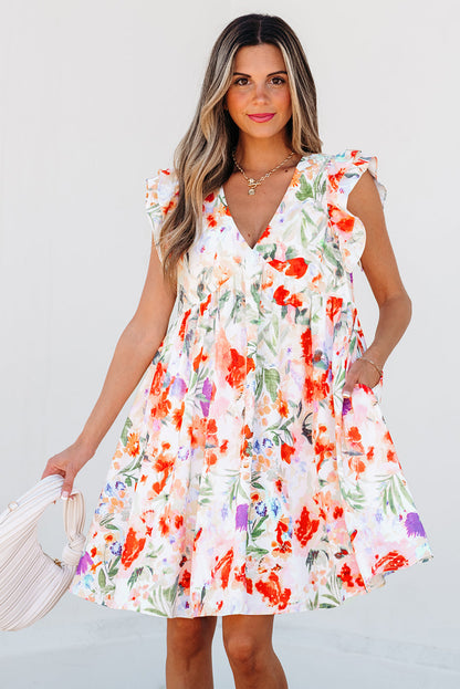 Floral Double Ruffle Sleeve V-Neck Mini Dress