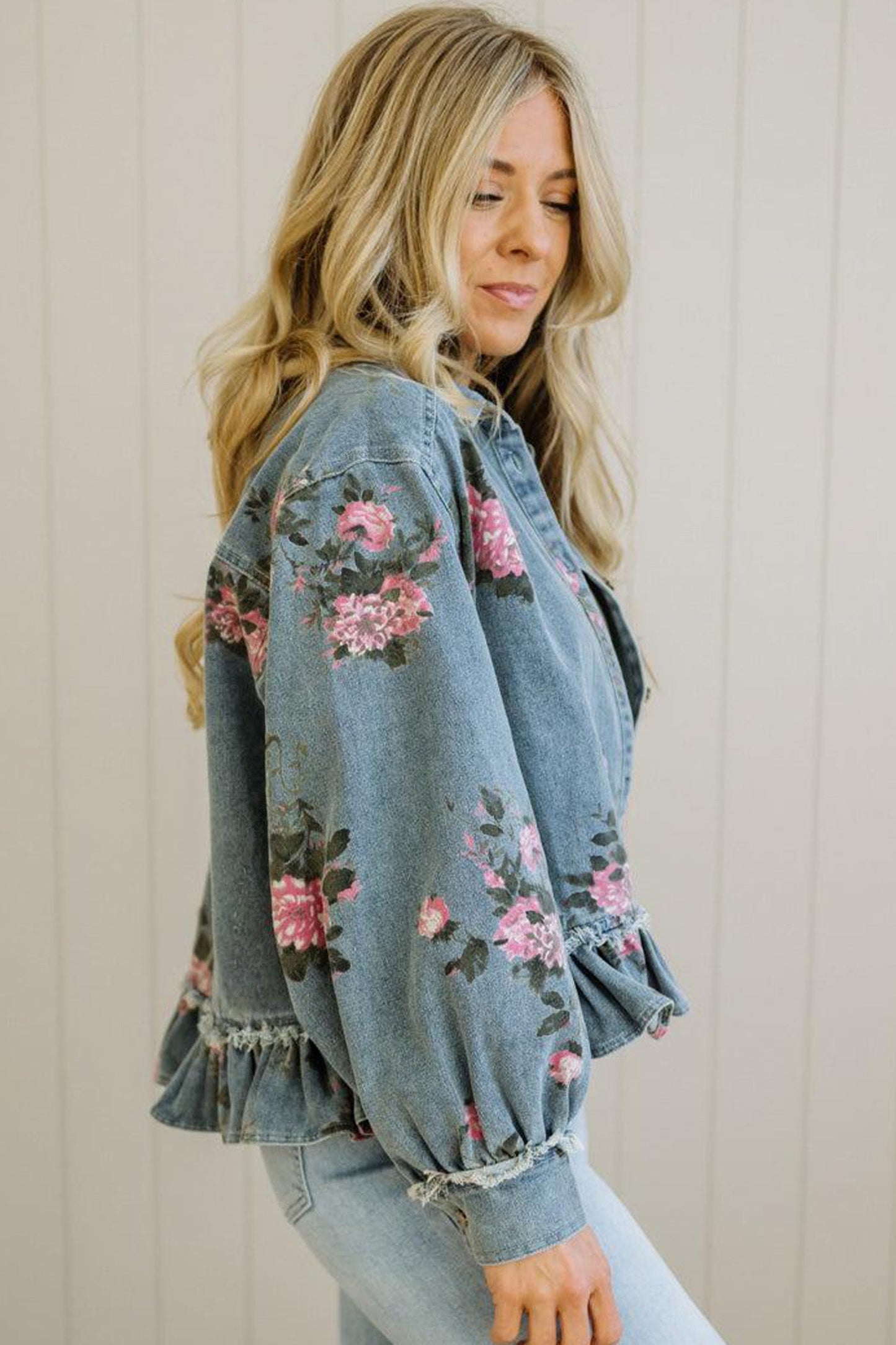 Floral Denim Raw Seam Ruffle Hem Jacket