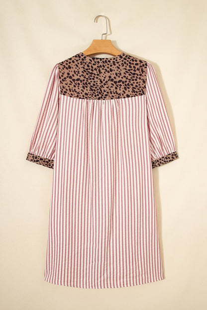 Stripe Leopard Trim 3/4 Sleeve Shirt Dress