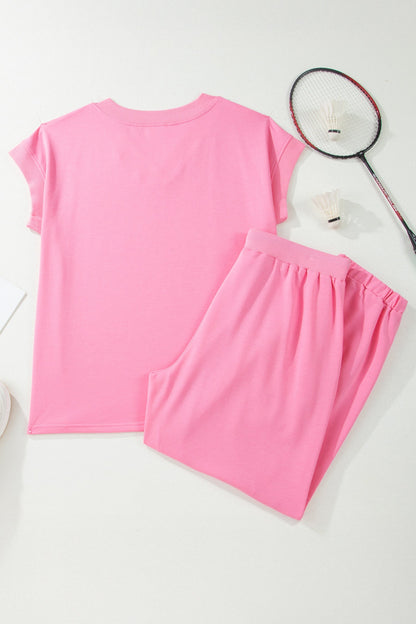 Plus Size Solid V-Neck Tee & Drawstring Pants Set