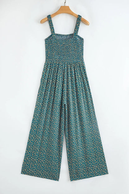 Floral Smocked High Waist Square Neck Jumpsuit