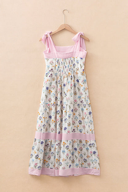 Floral Stripe Detail Knot Strap Maxi Dress
